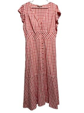 LOFT Coral and White Gingham Button-Front Dress Size 14